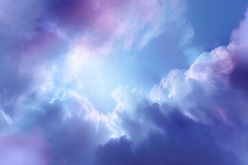 Obraz premium Soft, dreamy clouds illuminated by a radiant light in a tranquil blue and purple sky