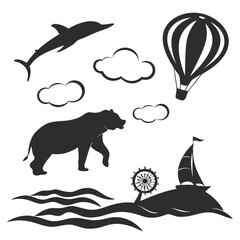 Dolphin bear hot air balloon sailboat clouds waves