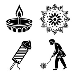 Diwali festival icons including diya lamp firework and person