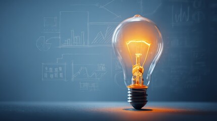 A glowing light bulb stands on a surface with faint sketches of charts and graphs in the background, symbolizing innovation and ideas
