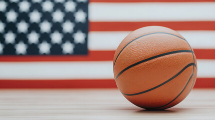 Basketball with a patriotic backdrop evoking the spirit of competition and national pride, set against a red, white, and blue background.