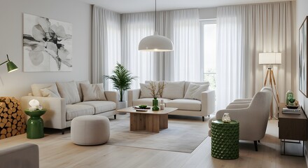 Obraz premium Cozy Living Room: A tranquil living space, designed with modern furniture, natural light streaming through sheer curtains, and subtle color accents. This image showcases a serene.