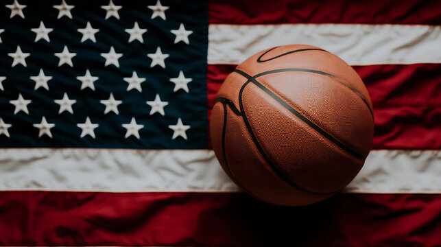 American Basketball: A classic basketball rests against the backdrop of the American flag, blending sports with patriotic symbolism.