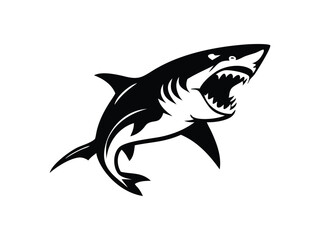 Fototapeta premium Minimalist shark logo on a white background. Black silhouette of a shark depicted on white background for design and educational use
