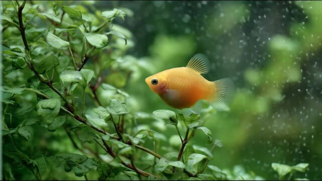 Balloon molly gold fish in its habitat: A radiant goldfish elegantly glides in a mesmerizing aquatic scene, with a gentle presence amidst a verdant display of aquatic flora
