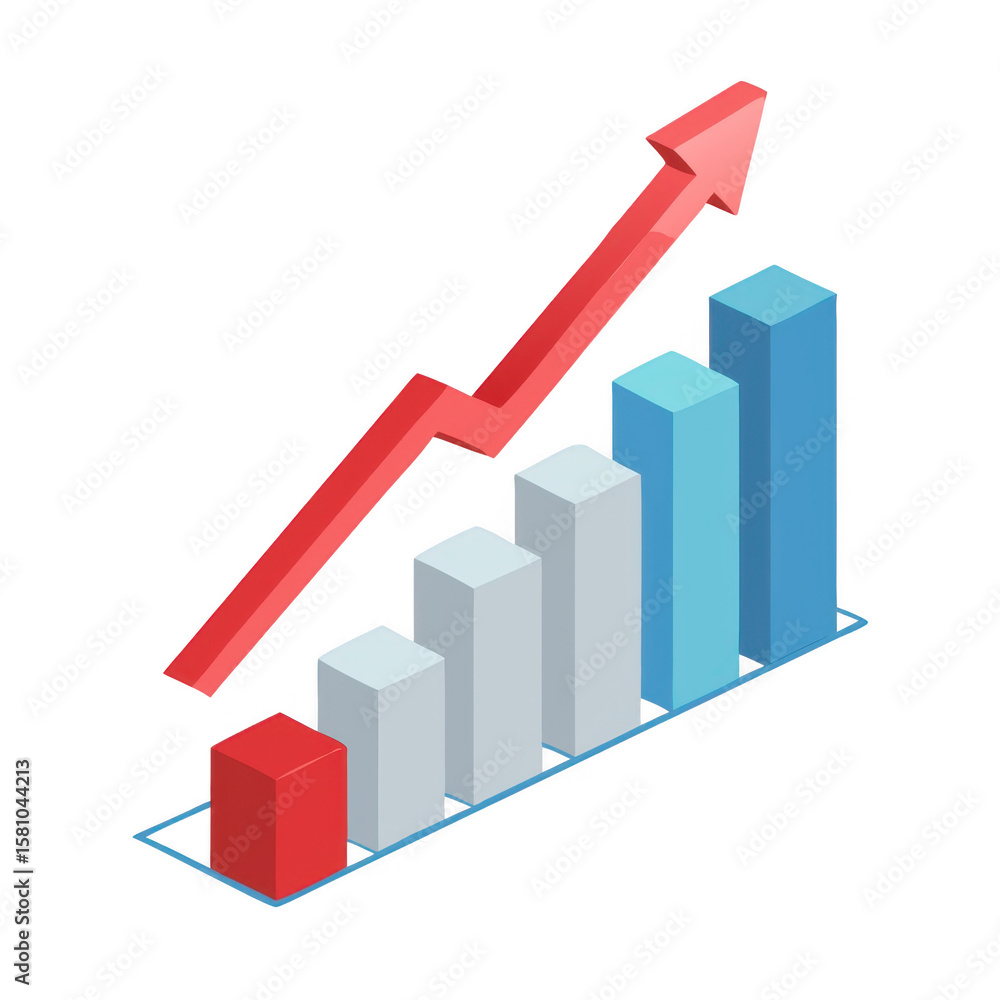 Poster rising bar chart with upward trend arrow isolated on transparent background