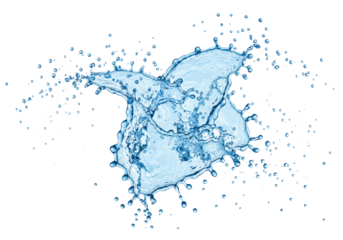 Crystal clear blue water splash, countless droplets frozen mid-air, forming an abstract energetic shape, isolated against a pure transparent studio background with bright even lighting, commercial