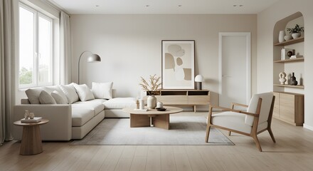 Fototapeta premium Cozy Modern Living: A well-lit, tastefully furnished living room, with a focus on comfort, style, and relaxation. The scene captures a sense of tranquility, featuring a sectional sofa.