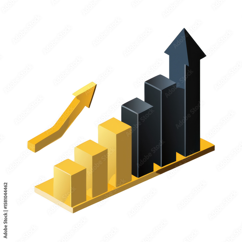 Poster isometric bar chart with upward trending arrow isolated on transparent background