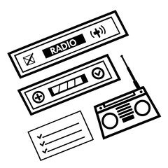 Format: Title: Black silhouette radio interface elements and checklist