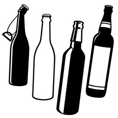 Four beverage bottles black silhouettes drink glass