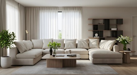Cozy Living: A serene modern living room with a plush sofa, soft lighting, and elegant decor, inviting relaxation and comfort.