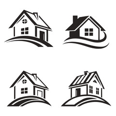 Four black house logos on white background home real estate