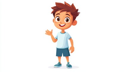 Create an image of a cartoon boy standing alone against a plain white background. The boy has a cheerful expression with big, bright eyes and a wide smile. 