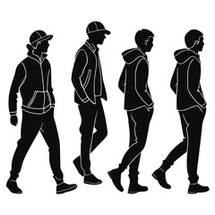 Four men walking silhouettes casual clothing vector