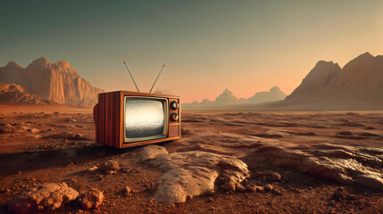 An old vintage television from the 1970s on Mars, displaying an image  a Martian television.