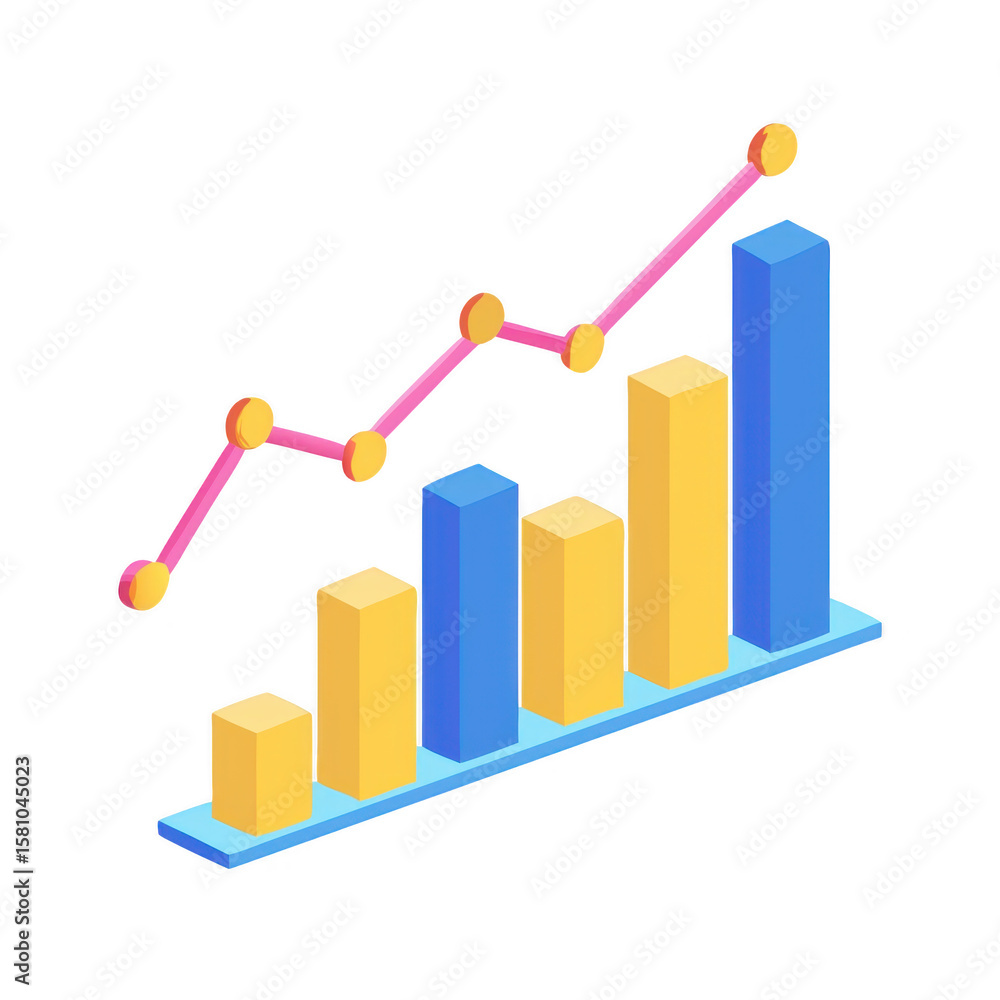 Poster isometric bar chart and line graph showing upward trend isolated on transparent background