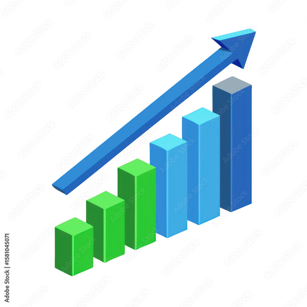 Poster 3d bar chart with upward arrow isolated on transparent background