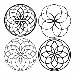 Geometric circular floral patterns black white abstract
