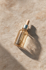 Elegant serum dropper bottle shines on neutral stone background for a beauty and skincare product presentation