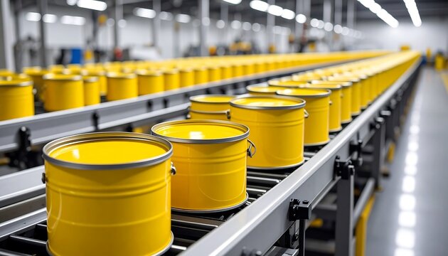 Yellow paint cans on a factory conveyor belt