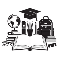 Collection of school supplies and graduation cap with open book and globe