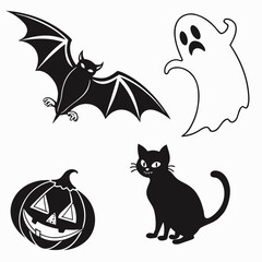 Halloween icons bat ghost carved pumpkin black cat