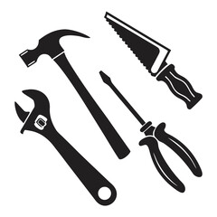 Hammer wrench saw screwdriver silhouettes tools
