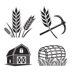 Harvest festival symbols wheat sickle barn barrel grain