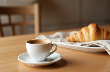 White coffee cup and croissant on wooden table, natural morning light with soft café blur,...