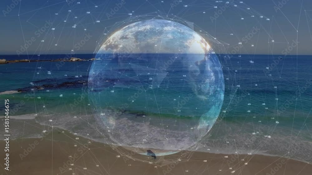 Poster grid appearing, 3d sphere forming rotating and pulsing over sunny beach showing realtime data