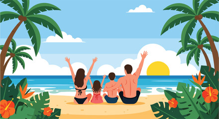 Adobe illustrator vector flat style illustration of a happy family on a summer beach, enjoying the tropical scene with palm trees, blue ocean, and a bright sky, ideal for holiday themes © meeblues
