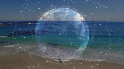 Grid appearing, 3D sphere forming rotating and pulsing over sunny beach showing realtime data - Powered by Adobe
