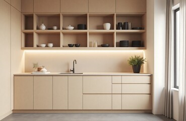 Minimalist oak wood kitchen with linen-curtained window and concrete floor, Scandinavian interior photo for calm lifestyle editorial