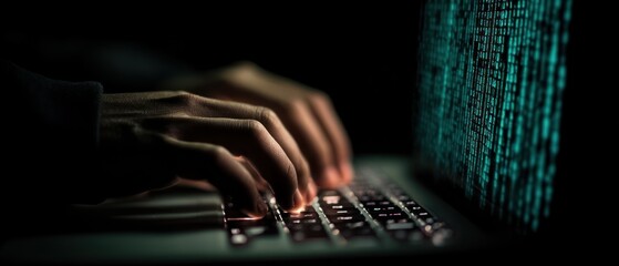 Cybersecurity Hacker Typing Code at Night