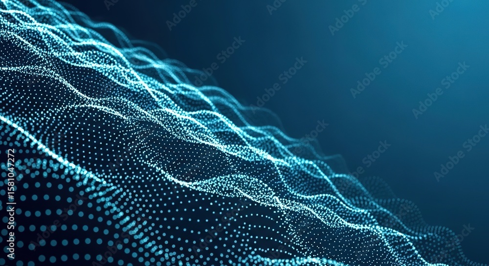 Poster abstract glowing blue particles forming a dynamic wave pattern against a dark blue background