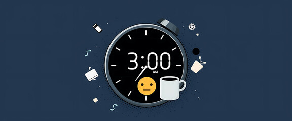 Obraz premium Trendy halftone collage of a digital clock app showing 3:00 AM with a tired face icon, coffee mug, and dark mode UI elements scattered across a pixel-dusty background. 