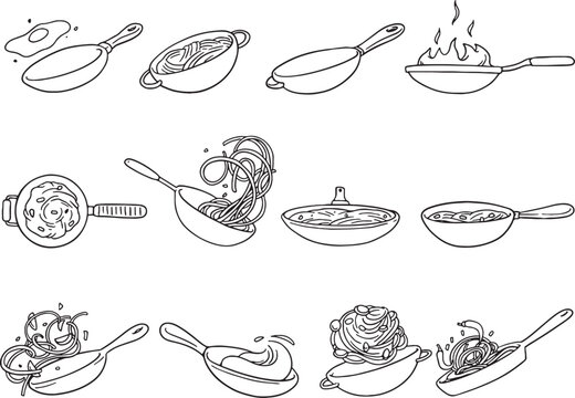 line art illustrations depicting various cooking pans and woks, showcasing different stages of food preparation from frying eggs to stir-frying noodles and simmering dishes. Ideal for cooking.