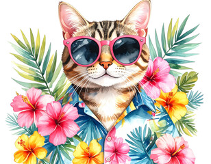 Watercolor Illustration of Stylish Tabby Cat in Sunglasses and Colorful Tropical Shirt, PNG on Black Background