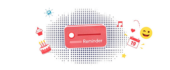 Stylized halftone collage of a birthday reminder alert, with cake icons, sparkles, calendar symbols, and celebration emojis flying across.
