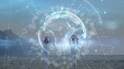 Yoga couple lifting arms to cradle pulsing globe in health tech mirroring expanding data nodes - Powered by Adobe