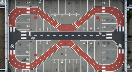Aerial view of unique bicycle path and parking lot design showcases urban planning and cycling infrastructure for sustainable transport and recreation