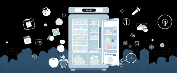Halftone collage of a stylized smart fridge interface, with food icons, calendar alerts, and recipe suggestions floating around in a cool tech layout.
