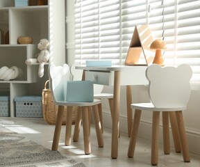 Stylish playroom with decor and furniture. Interior design