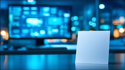Blank Card Amidst the Tech: A clean white card stands prominently on a glossy desk. Behind it, a monitor illuminates a control room, showcasing intricate details in a sea of cool blue