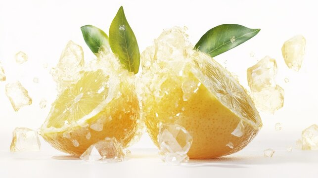 two crystallised lemons with leaves in ice, exploding ice particles, faceted, hyper realistic, bright white background 