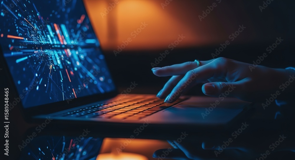 Poster close up of a person s hands typing on a laptop with a glowing digital data visualization on screen