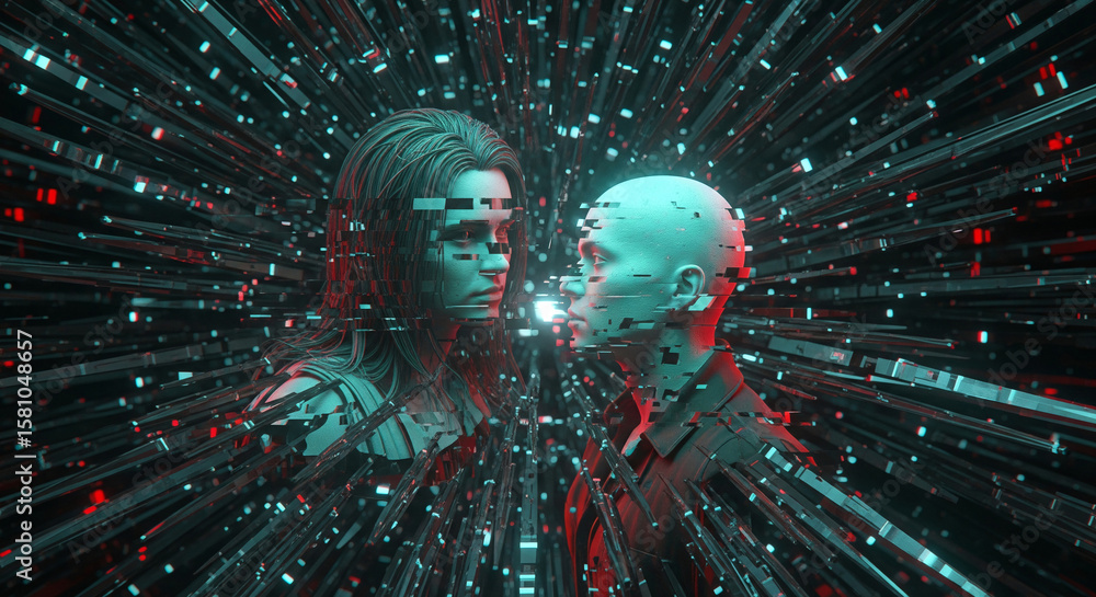 Poster digital art depicting two fragmented figures facing each other amidst a burst of teal and red lines,