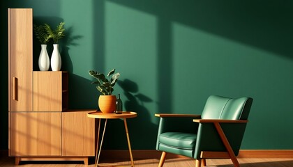 Green armchair and wooden cabinet with plants leather