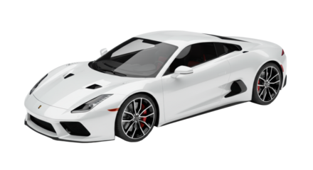 A pristine, sleek, futuristic white modern sports car with aerodynamic design, polished reflective exterior, and tinted windows, from a precise top-down view against a transparent minimalist studio